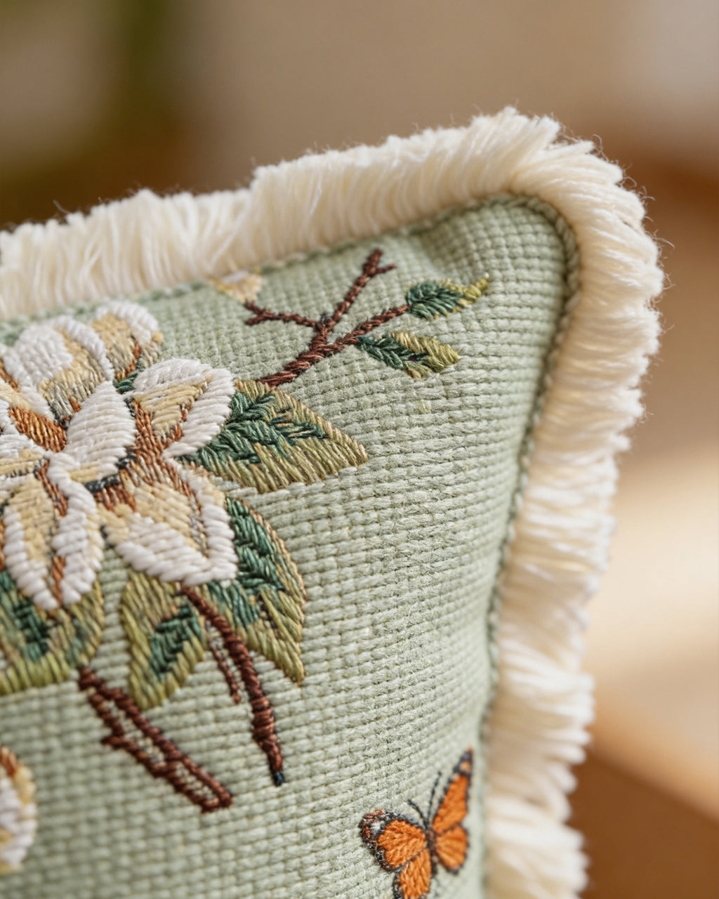 SOGA 45cm Matcha Green French Vintage Butterfly Loves Flowers Tassel Throw pillow