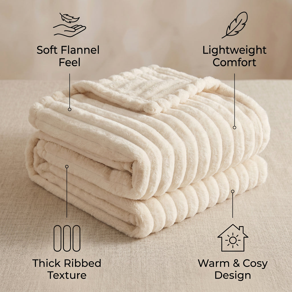 SOGA 230x200cm Cream Flannel Polyester Throw Blanket