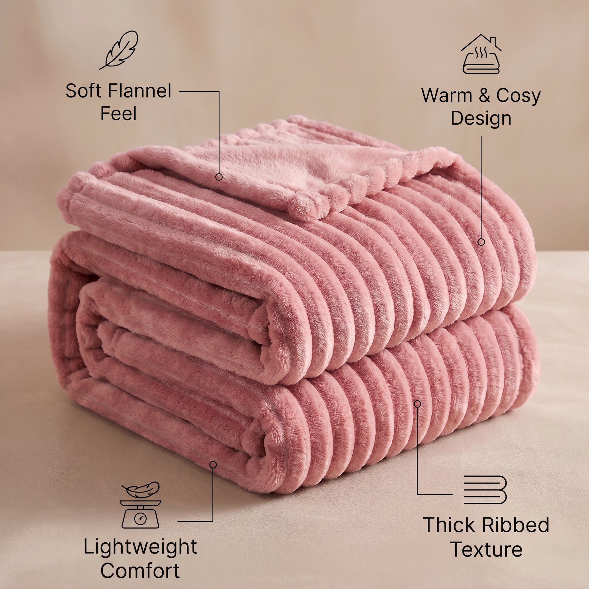 SOGA 230x200cm Pink Flannel Polyester Throw Blanket