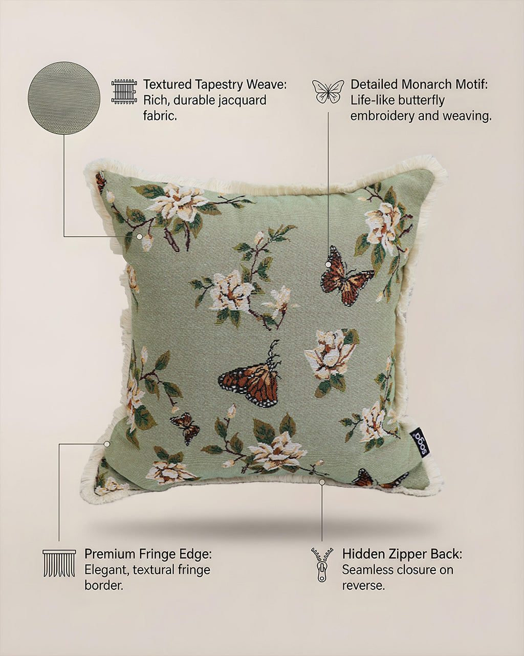 SOGA 45cm Matcha Green French Vintage Butterfly Loves Flowers Tassel Throw pillow
