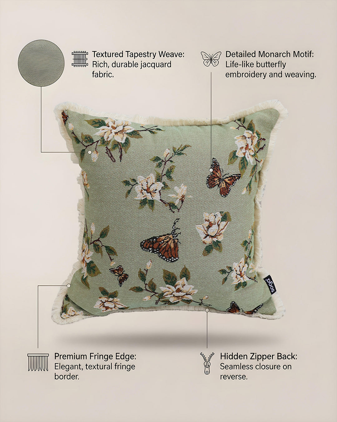 SOGA 45cm Matcha Green French Vintage Butterfly Loves Flowers Tassel Throw pillow