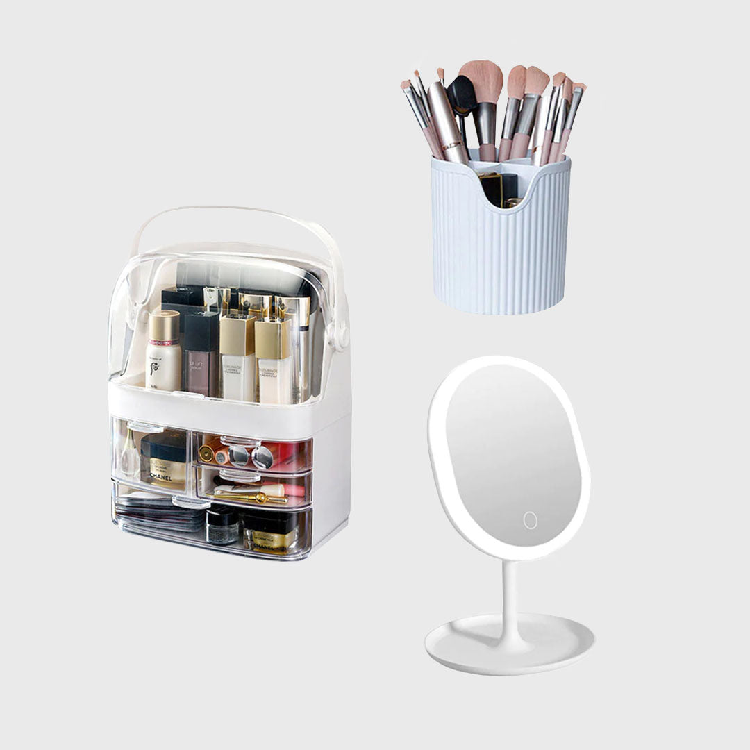 White 3 Tier Cosmetic Storage with Brush Lipstick Holder Organiser and LED Light Tabletop Mirror Set