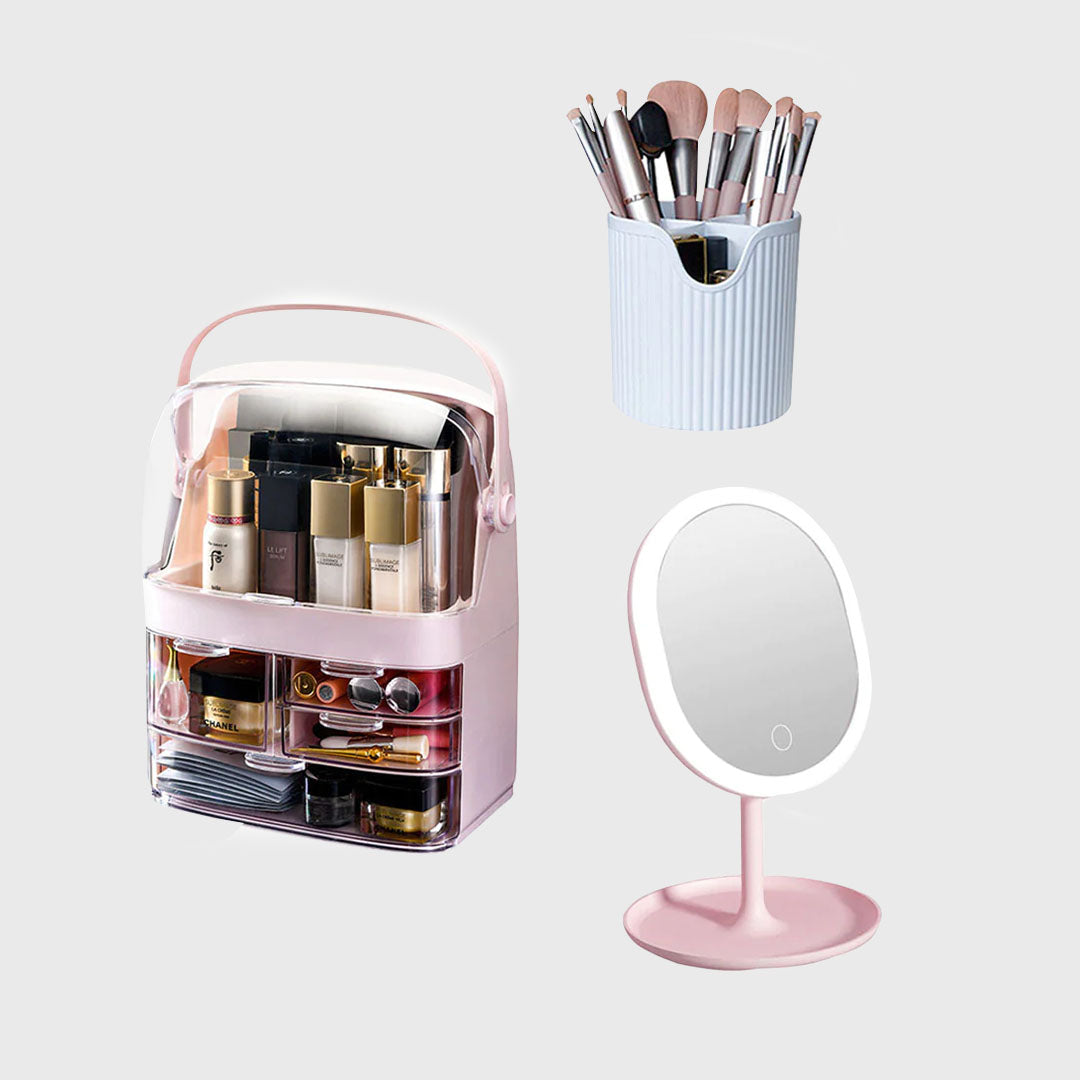 Pink 3 Tier Cosmetic Storage with Brush Lipstick Holder Organiser and LED Light Tabletop Mirror Set
