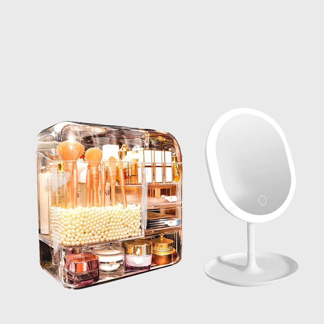 Transparent Cosmetic Storage Skincare Organiser with White LED Light Tabletop Mirror Set
