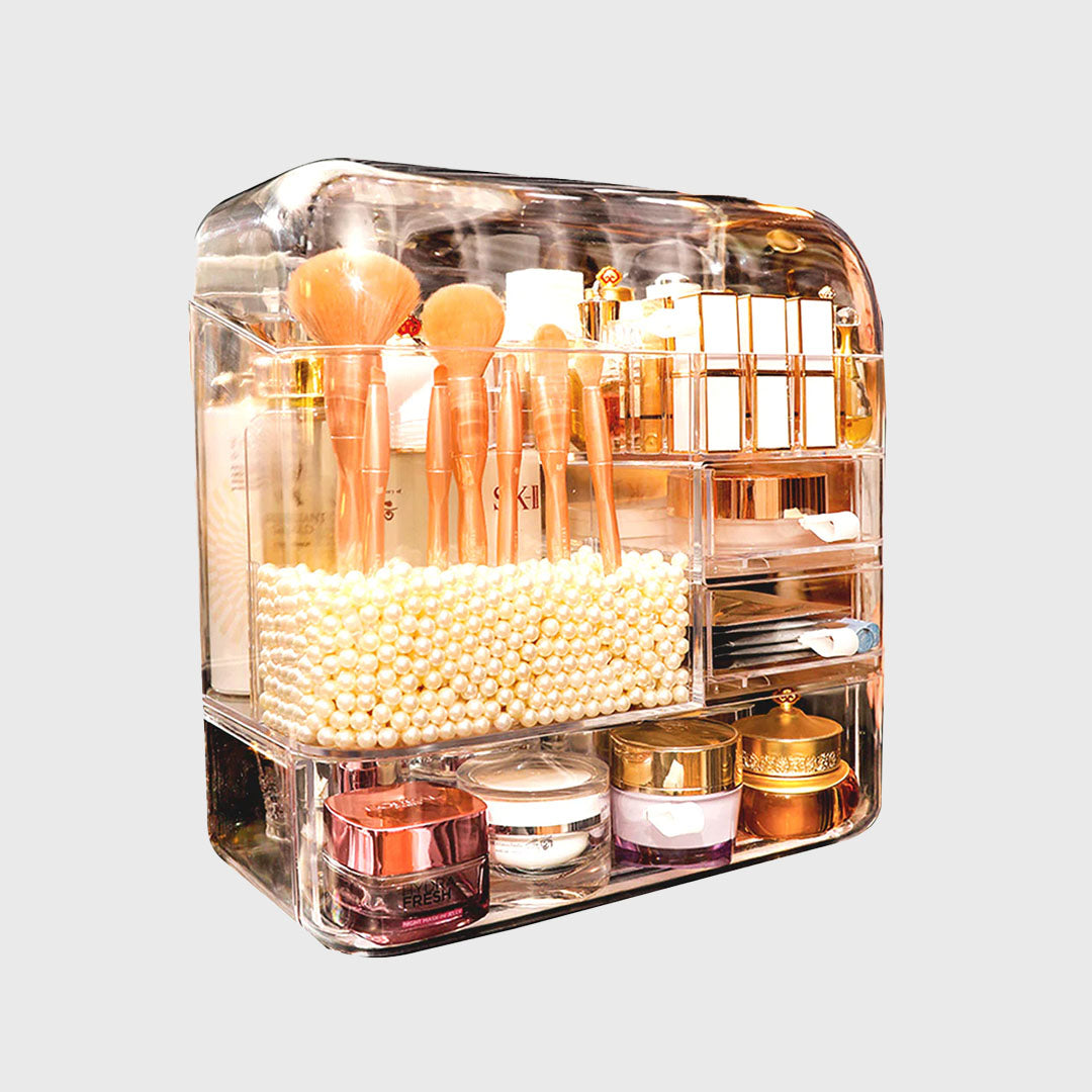 Transparent Cosmetic Storage Box with Pearls