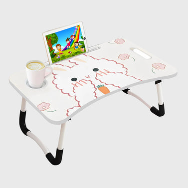 White Cute Rabbit Design Foldable Study Bed Table Adjustable Portable Desk Stand With Notebook Holder And Cup Slot