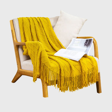 Yellow Diamond Pattern Knitted Throw Blanket