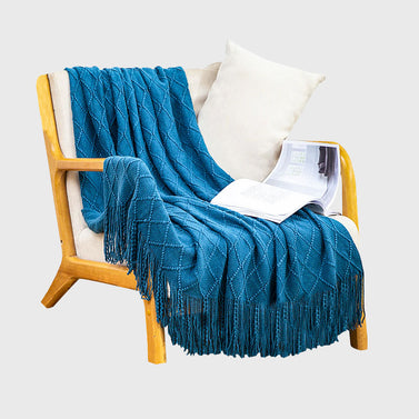 Royal Blue Diamond Pattern Knitted Throw Blanket