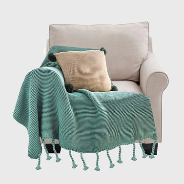 Green Tassel Fringe Knitted Throw Blanket