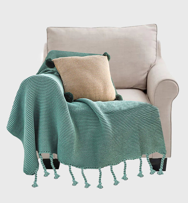 Green Tassel Fringe Knitted Throw Blanket