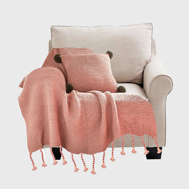 Pink Tassel Fringe Knitted Throw Blanket