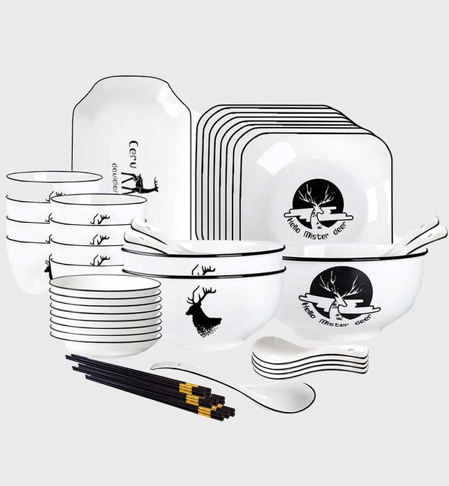 White Antler Printed Ceramic Dinnerware Set of 28