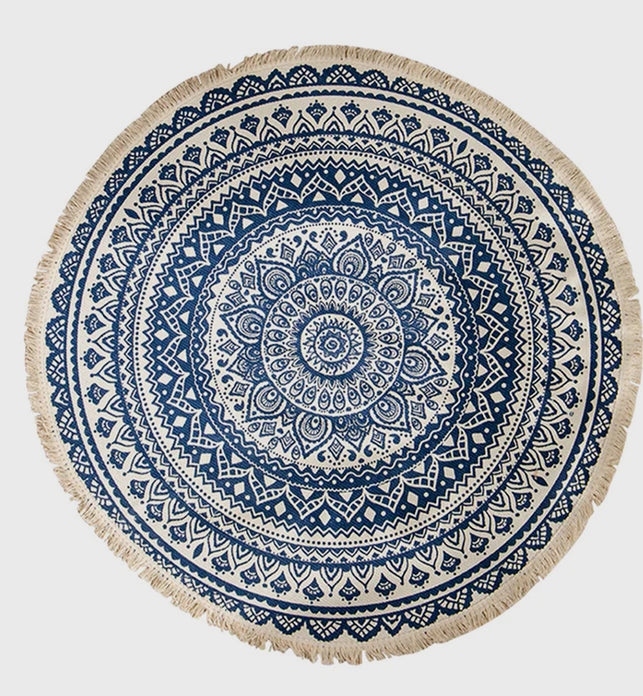 Dark Blue Carpet Soft Linen Bohemian Non-Slip Round Rug