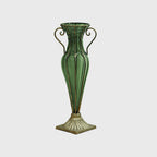 Green European Glass Flower Vase with Two Gold Metal Handle
