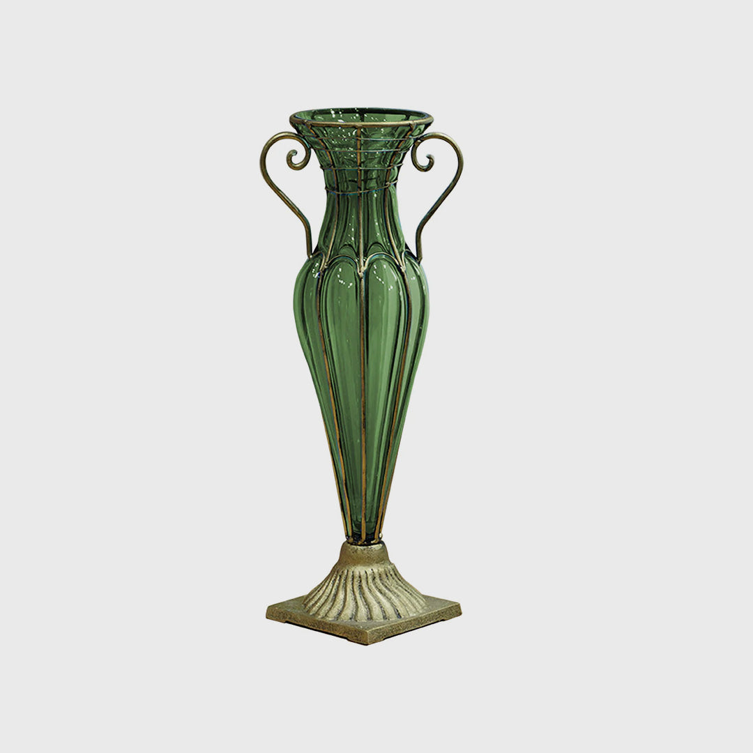 Green European Glass Flower Vase with Two Gold Metal Handle