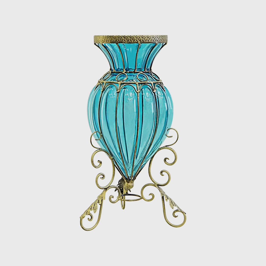Blue European Glass Floor Flower Vase with Metal Stand