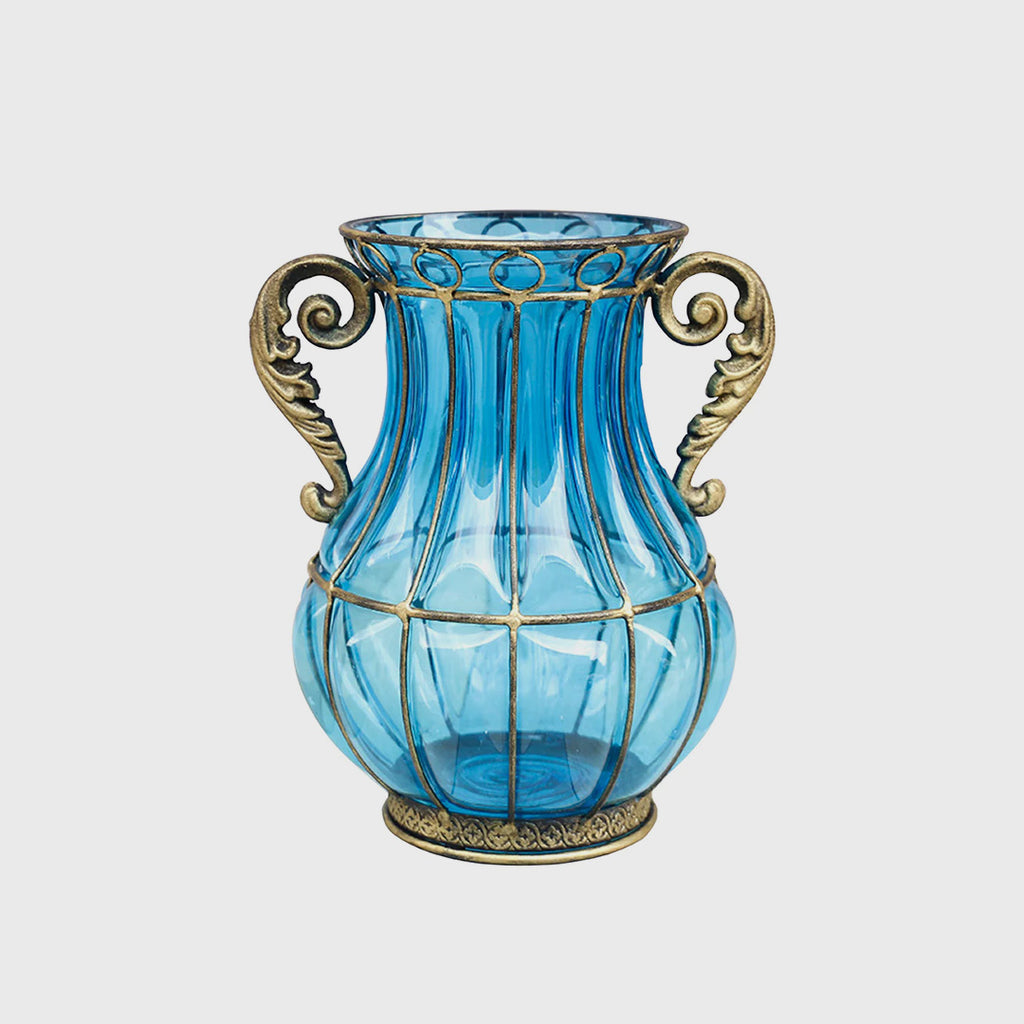 Blue European Glass Flower Vase with Two Metal Handle