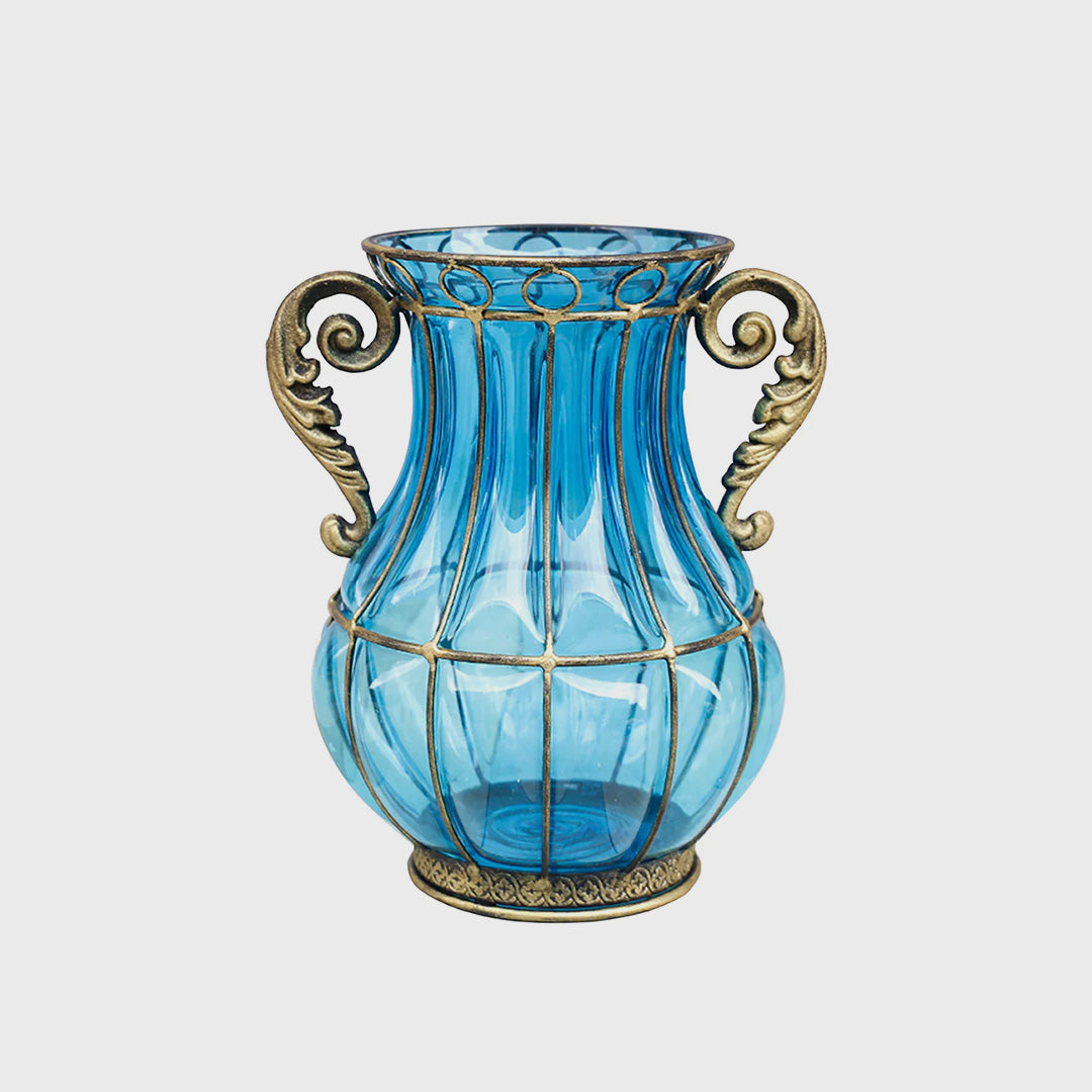 Blue European Glass Flower Vase with Two Metal Handle