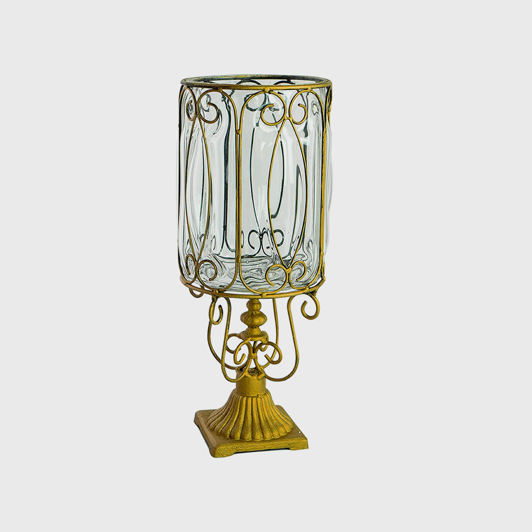 European Clear Glass Flower Vase with Gold Metal Pattern