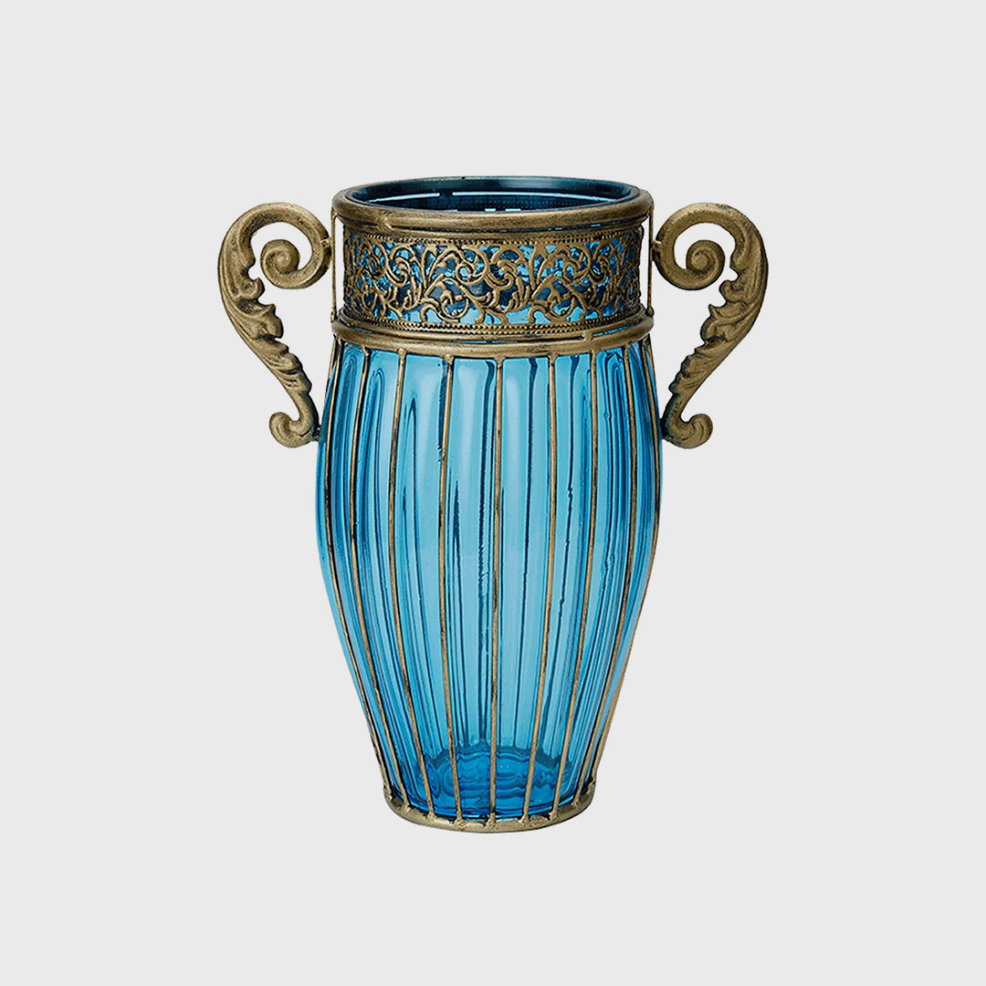 Blue European Glass Flower Vase with Two Metal Handle