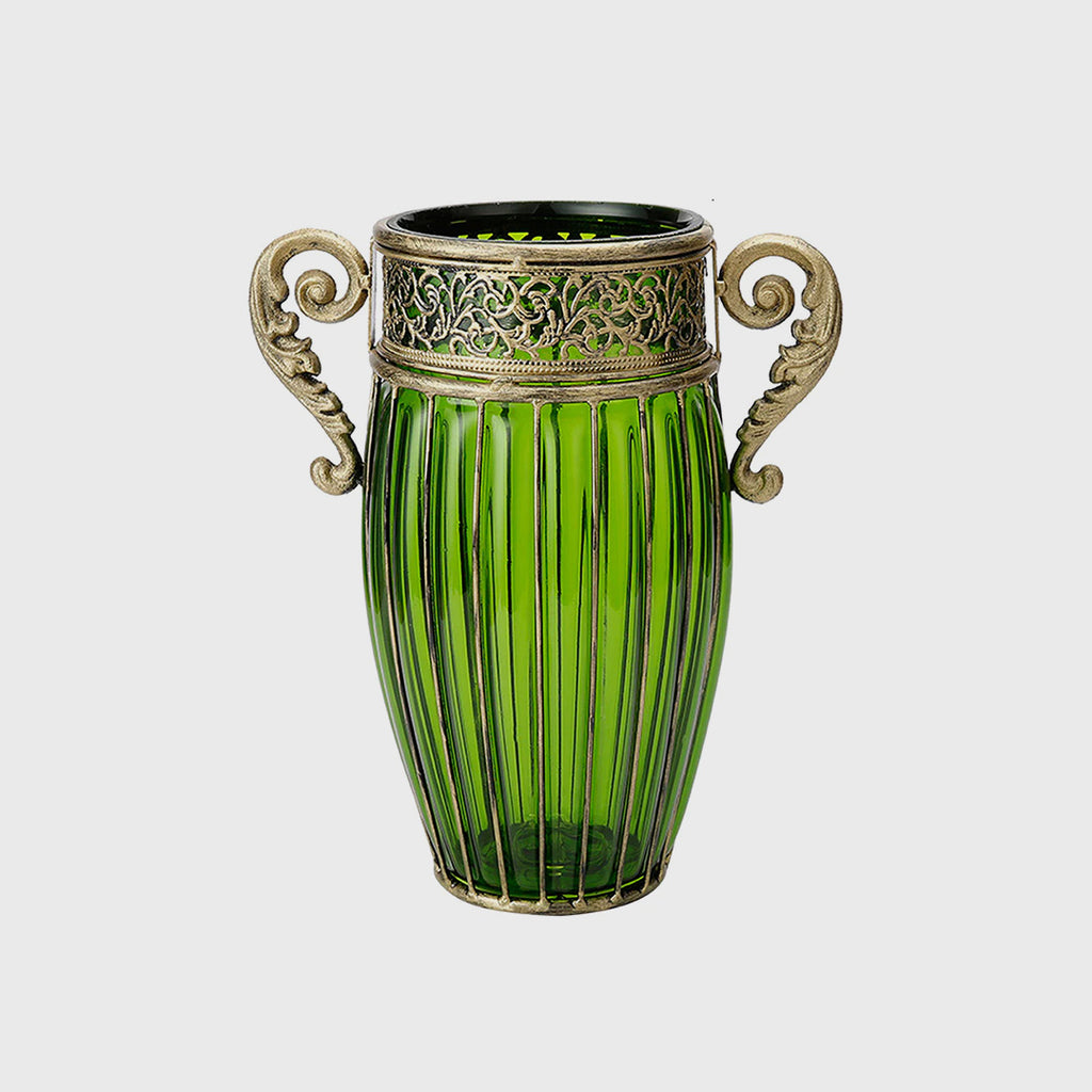 Green European Glass Flower Vase with Two Metal Handle