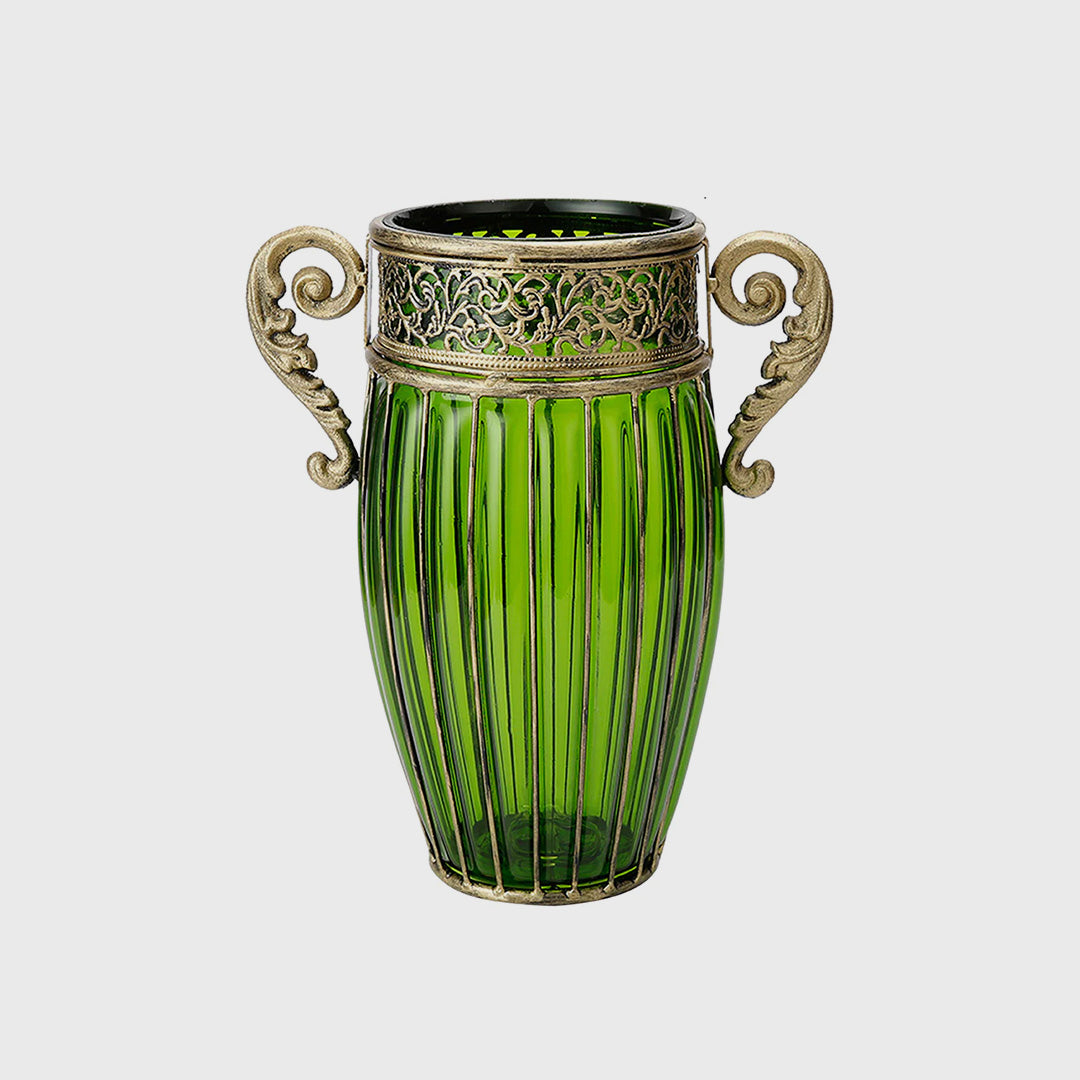 Green European Glass Flower Vase with Two Metal Handle