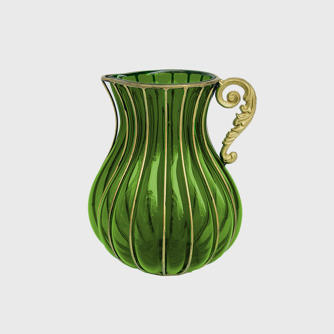 Green European Glass Flower Vase with Metal Handle