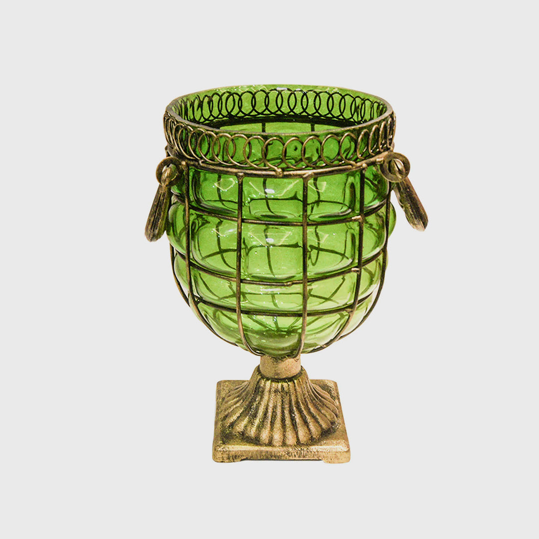 Green European GlassFlower Vase with Metal Handle