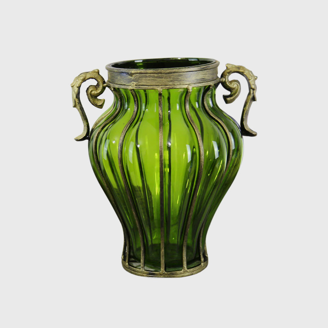 Green European Glass Flower Vase with Two Metal Handle