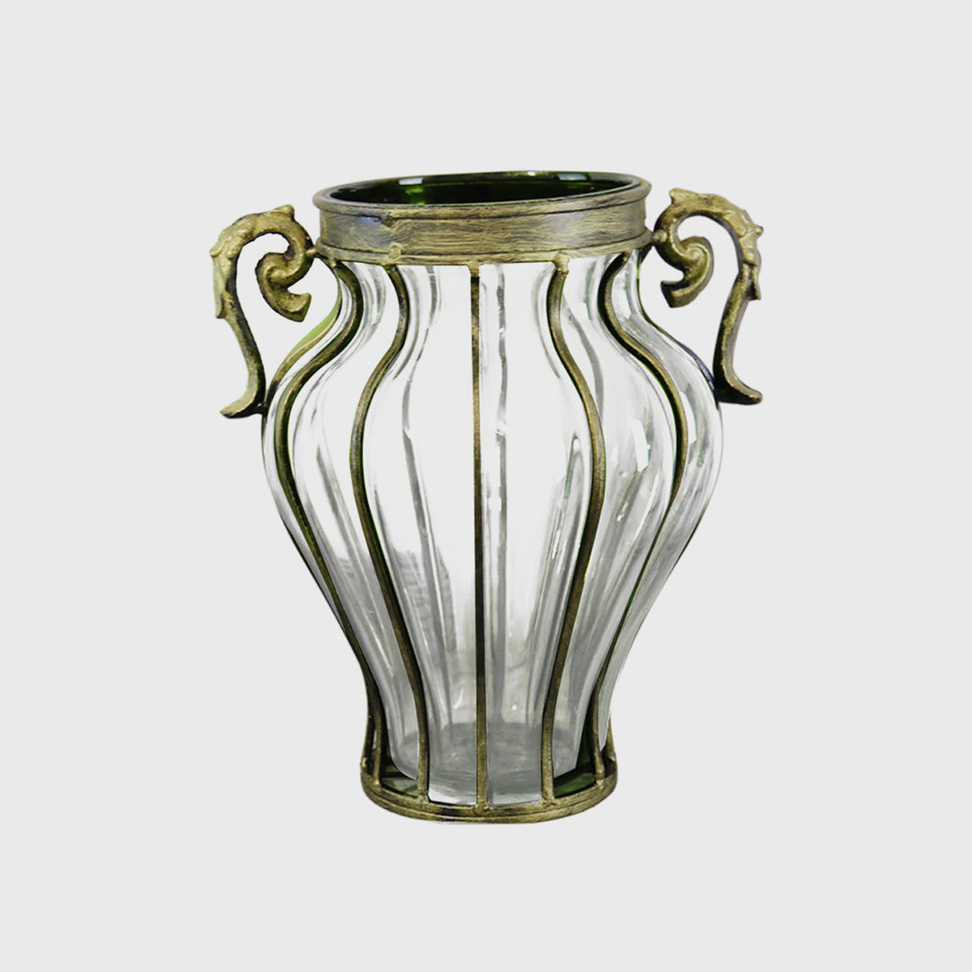 Clear European Glass Flower Vase with Two Metal Handle