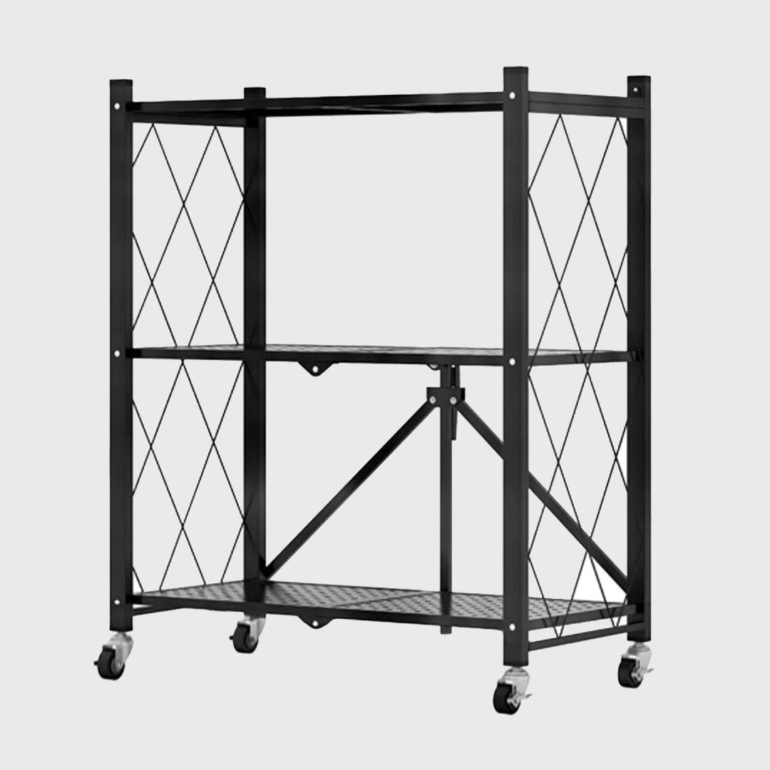 3 Tier Foldable Kitchen Shelves with Wheels Black