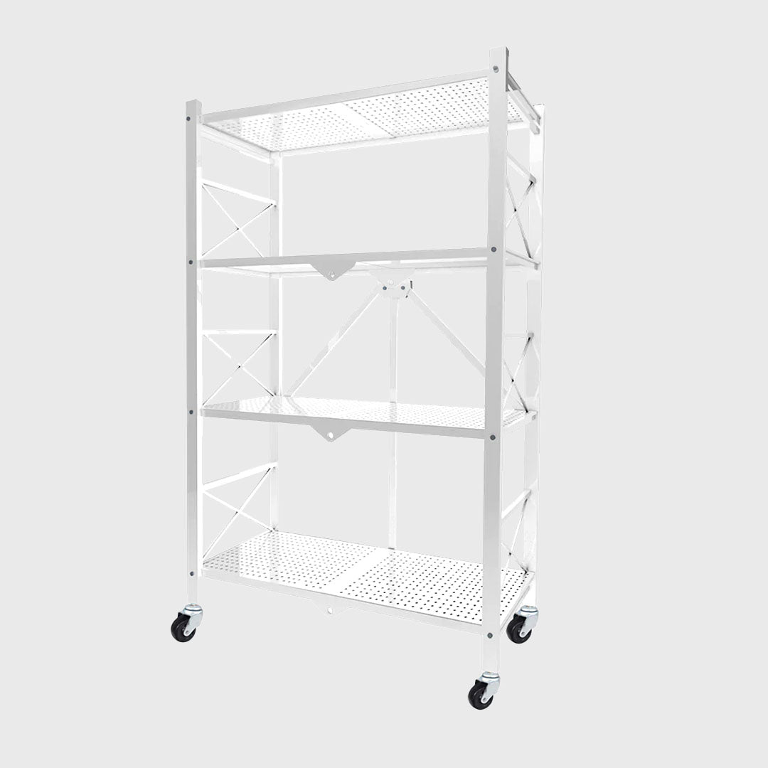 4 Tier White Foldable Display Stand with Wheels