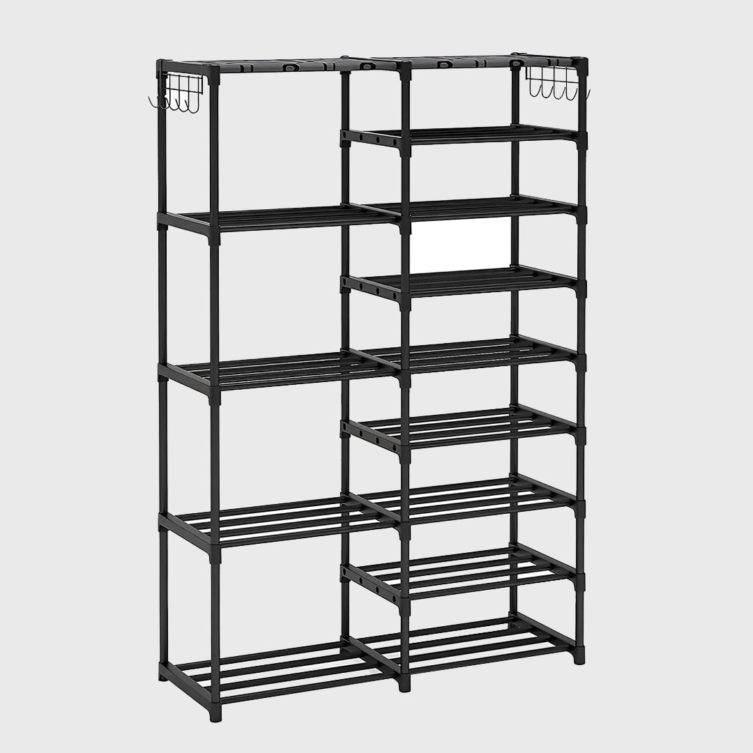 16-Shelf Tier Shoe Storage with Side Hooks Black
