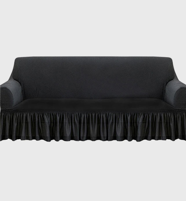 Dark Grey Colored 3- Seater Sofa Cover with Ruffled Skirt