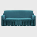 Blue Colored 4- Seater Sofa Cover with Ruffled Skirt