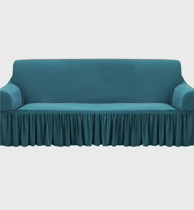 Blue Colored 4- Seater Sofa Cover with Ruffled Skirt