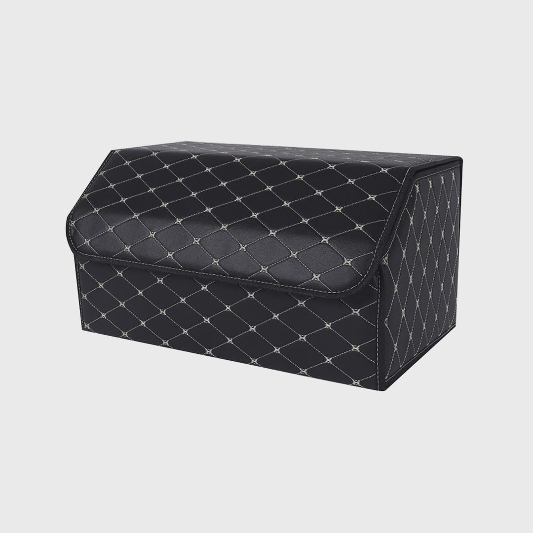 Leather Car Boot Foldable Trunk Cargo Organizer Box Black/Gold Stitch Large