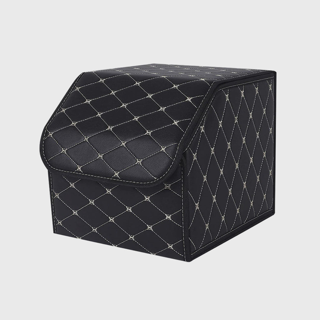 Leather Car Boot Foldable Trunk Cargo Organizer Box Black/Gold Stitch Small