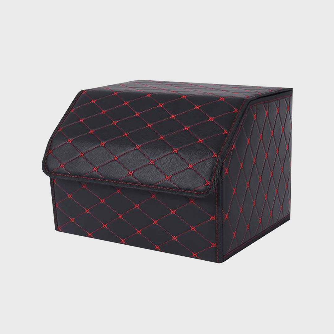 Leather Car Boot Foldable Trunk Cargo Organizer Box Black/Red Stitch Medium