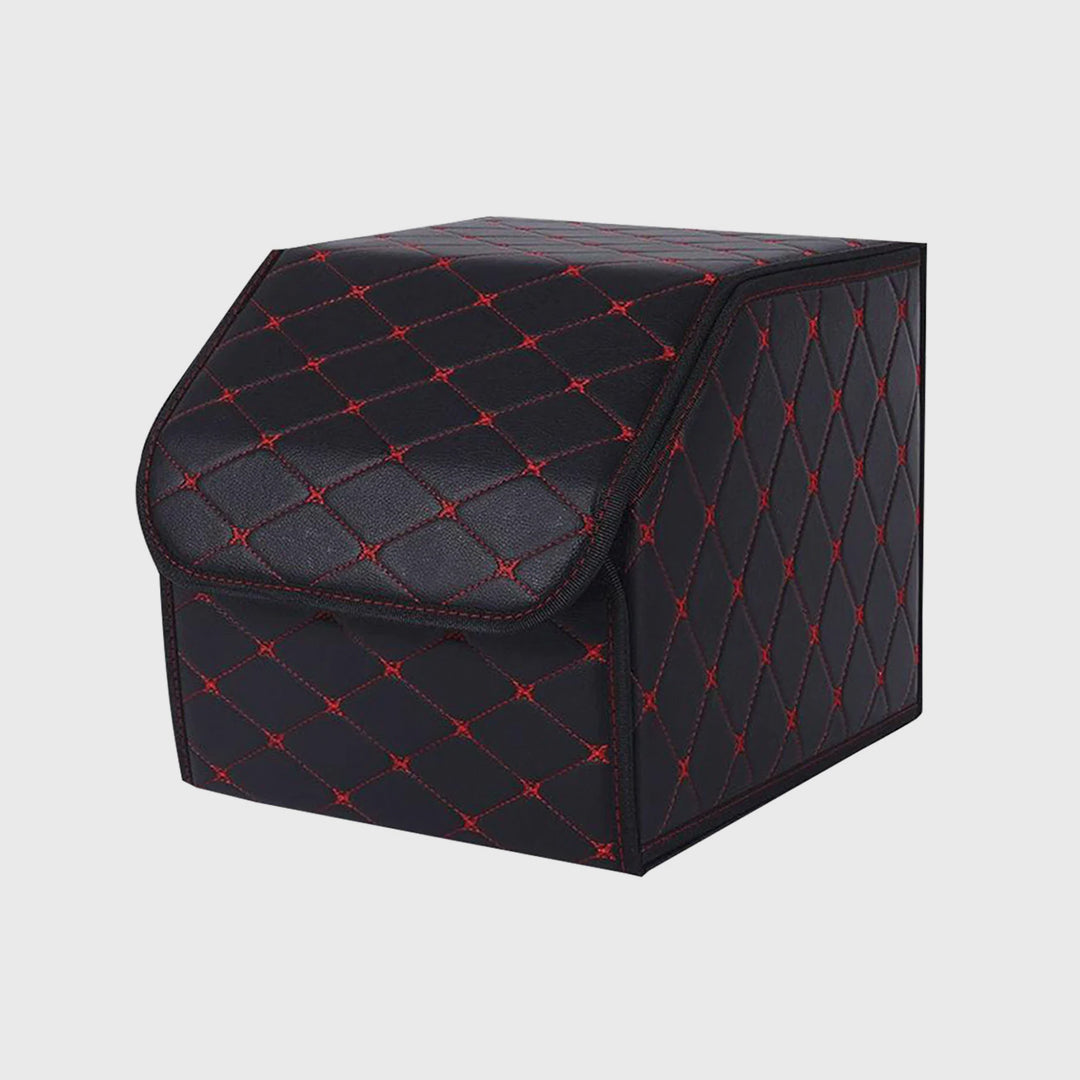 Leather Car Boot Foldable Trunk Cargo Organizer Box Black/Red Stitch Small