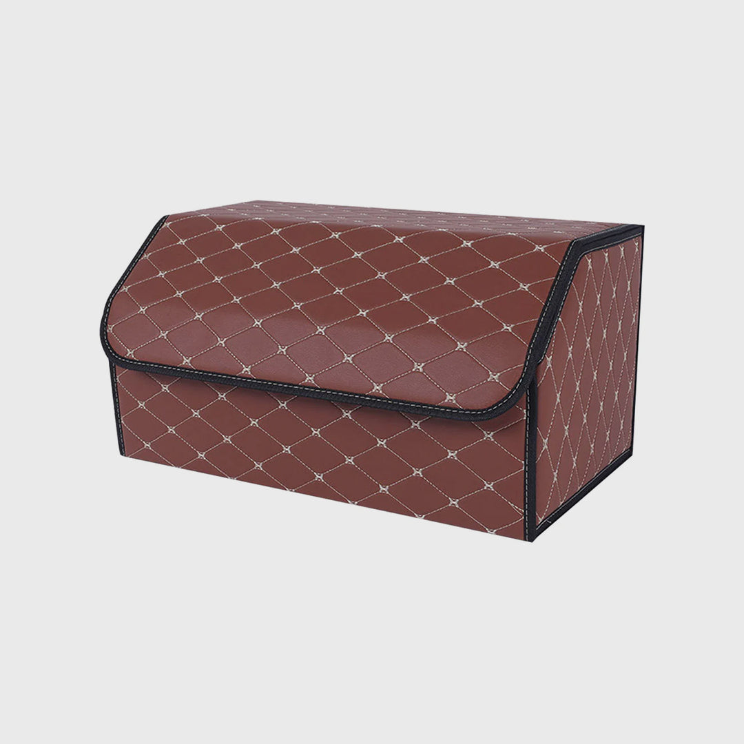 Leather Car Boot Foldable Trunk Cargo Organizer Box Coffee/Gold Stitch Large