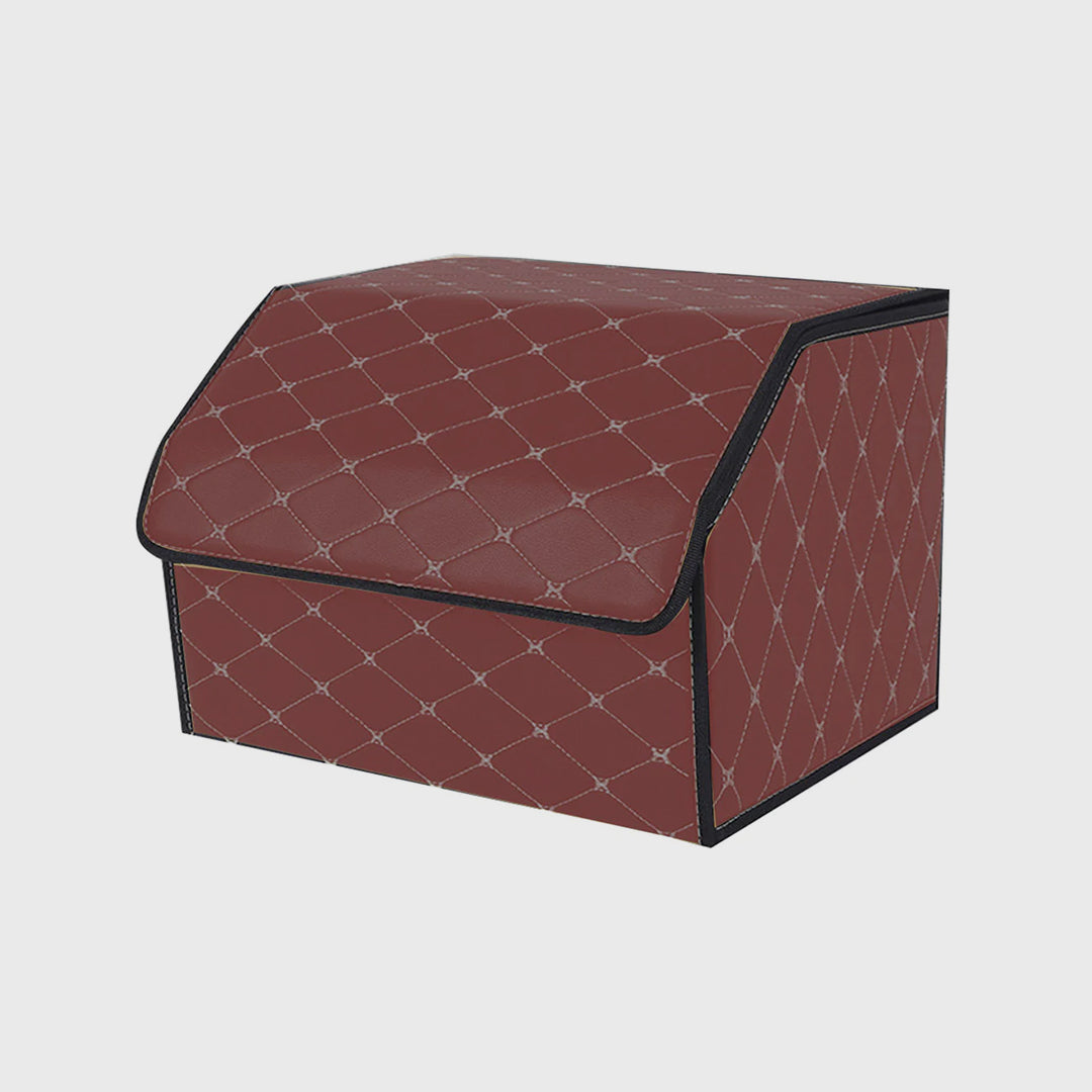 Leather Car Boot Foldable Trunk Cargo Organizer Box Coffee/Gold Stitch Medium