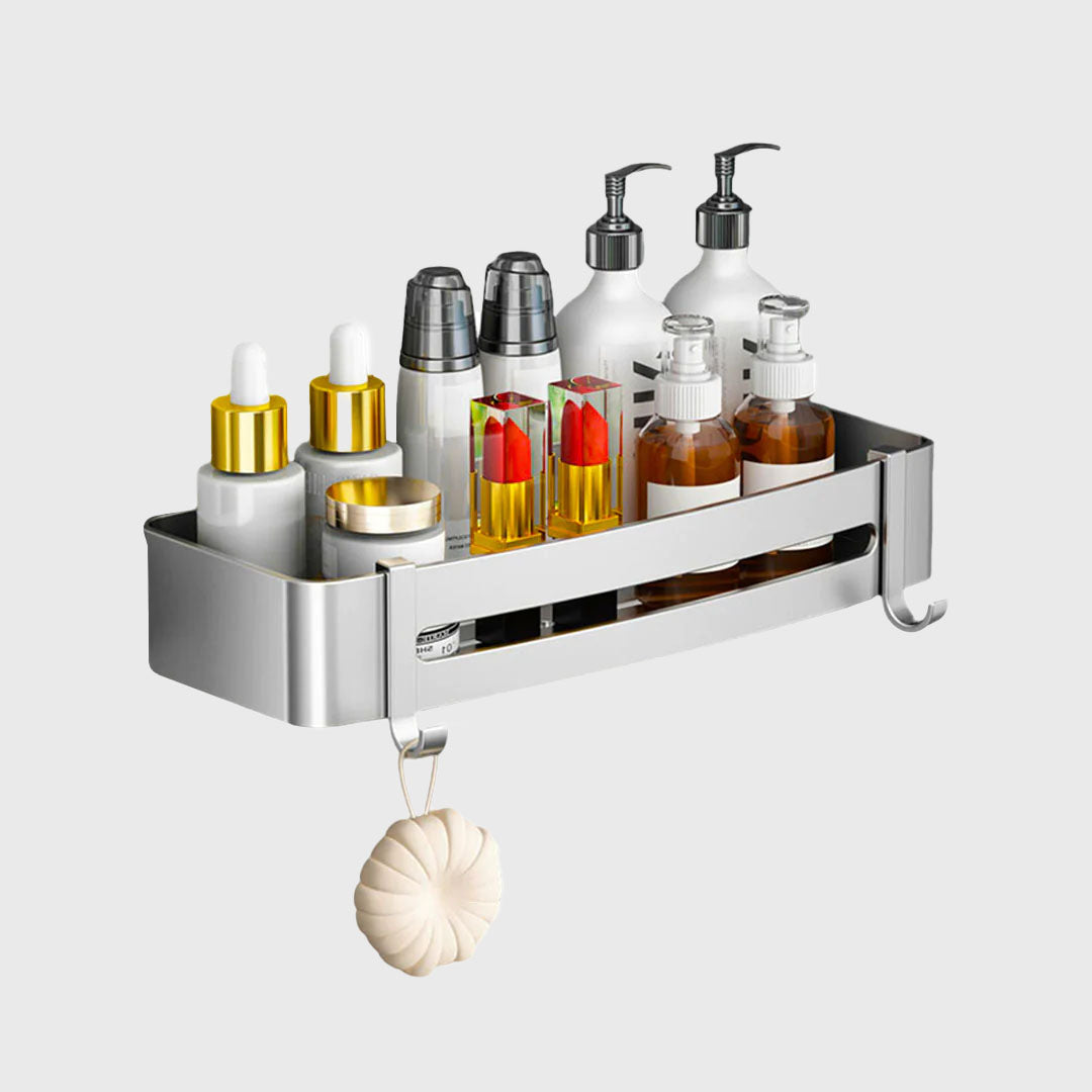 Silver Wall-Mounted Rectangular Bathroom Rack with Hooks