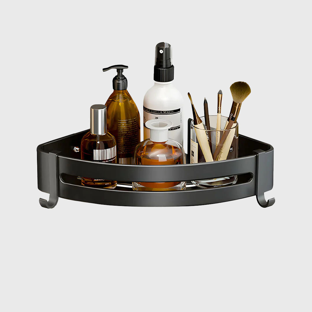 Black Wall-Mounted Triangular Bathroom Storage Rack with Hooks