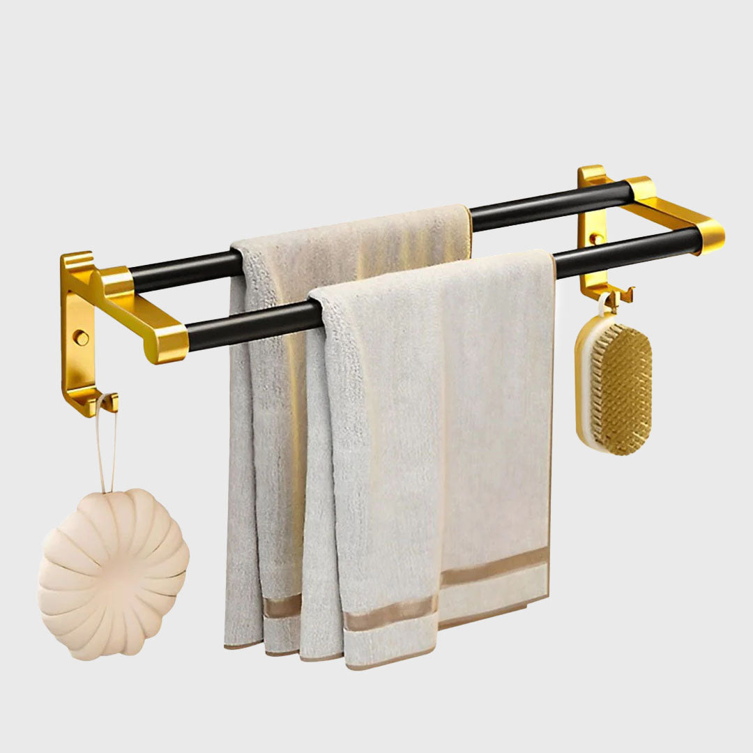 61cm Wall-Mounted Double Pole Towel Holder with Hooks