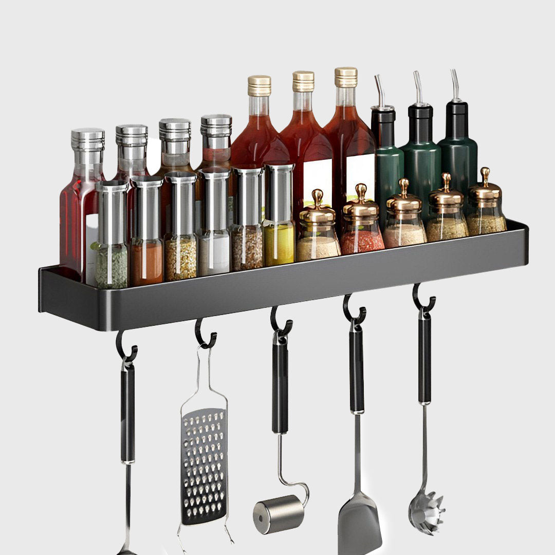 30cm Black Rectangular Spice Storage Rack with Hooks