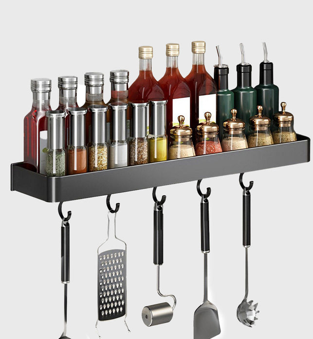 42cm Black Rectangular Kitchen Spice Storage  with Hooks