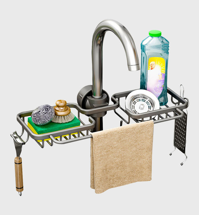 Dark Grey Kitchen Sink Faucet Organiser with Towel Bar Holder