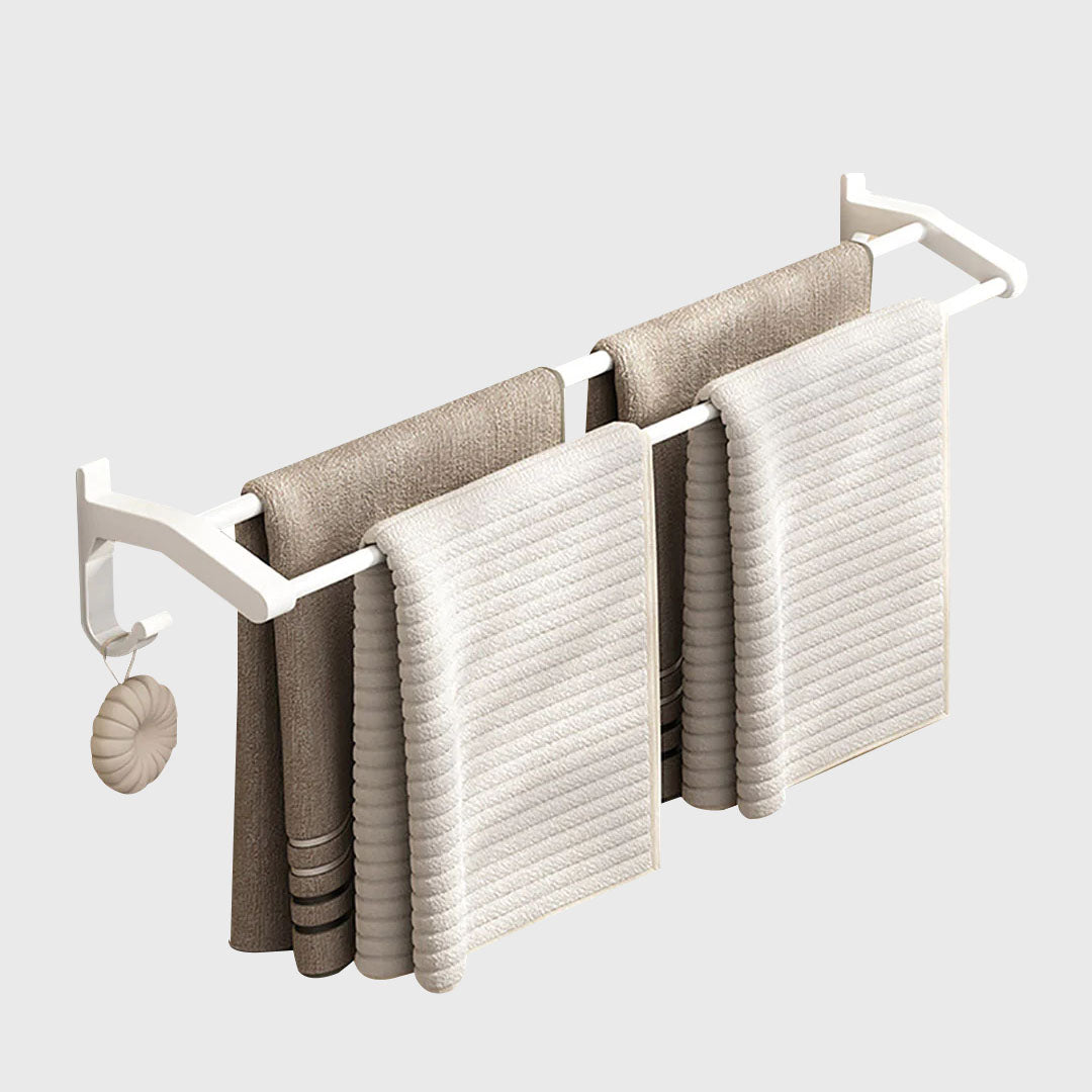 62cm White Wall-Mounted Double Pole Towel Holder with Hooks