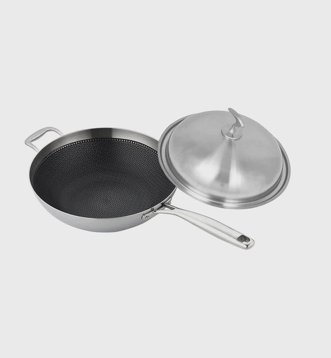 18/10 Stainless Steel 34cm Frying Pan Textured Non Stick Interior with Helper Handle and Lid